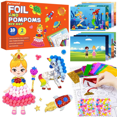 PARTYWIND Foil & Pom poms Art Fun Kit for Kids Ages 4-8 - Unicorns, Princesses, and Ocean DIY Arts & Crafts Supplies, Quiet Time Travel Toys, Birthday Gifts for Girls & Boys Ages 4 5 6 7 8 9 10 11 12 PARTYWIND