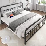 Fluest 14 Inch King Bed Frame Classic Metal Platform Bed Frame with Charging Station & LED, Victorian Style Iron-Art Headboard/Footboard, Under Bed Storage, No Box Spring Needed, Noise Free Fluest