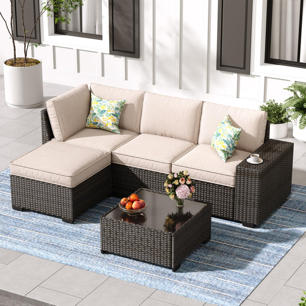 Jing's Villa 5-Piece Patio Furniture Set, All-Weather Outdoor Wicker Sectional Sofa with Cushions, Tempered Glass Table & Ottoman, Rattan Conversation Seating for Porch, Garden, Backyard,Beige Jing's Villa