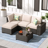 Jing's Villa 5-Piece Patio Furniture Set, All-Weather Outdoor Wicker Sectional Sofa with Cushions, Tempered Glass Table & Ottoman, Rattan Conversation Seating for Porch, Garden, Backyard,Beige Jing's Villa