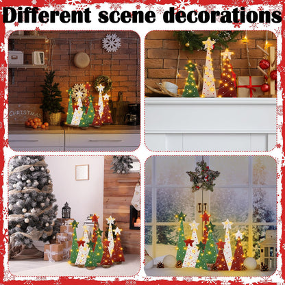 Colingmill 9 Pcs Wooden Christmas Tree Tabletop Decor Sanding Rustic Wood Christmas Tree Sign with 3 Pcs 6.56 ft LED Lights for Xmas Home Decor Farmhouse Freestanding Centerpieces Holiday Decorations