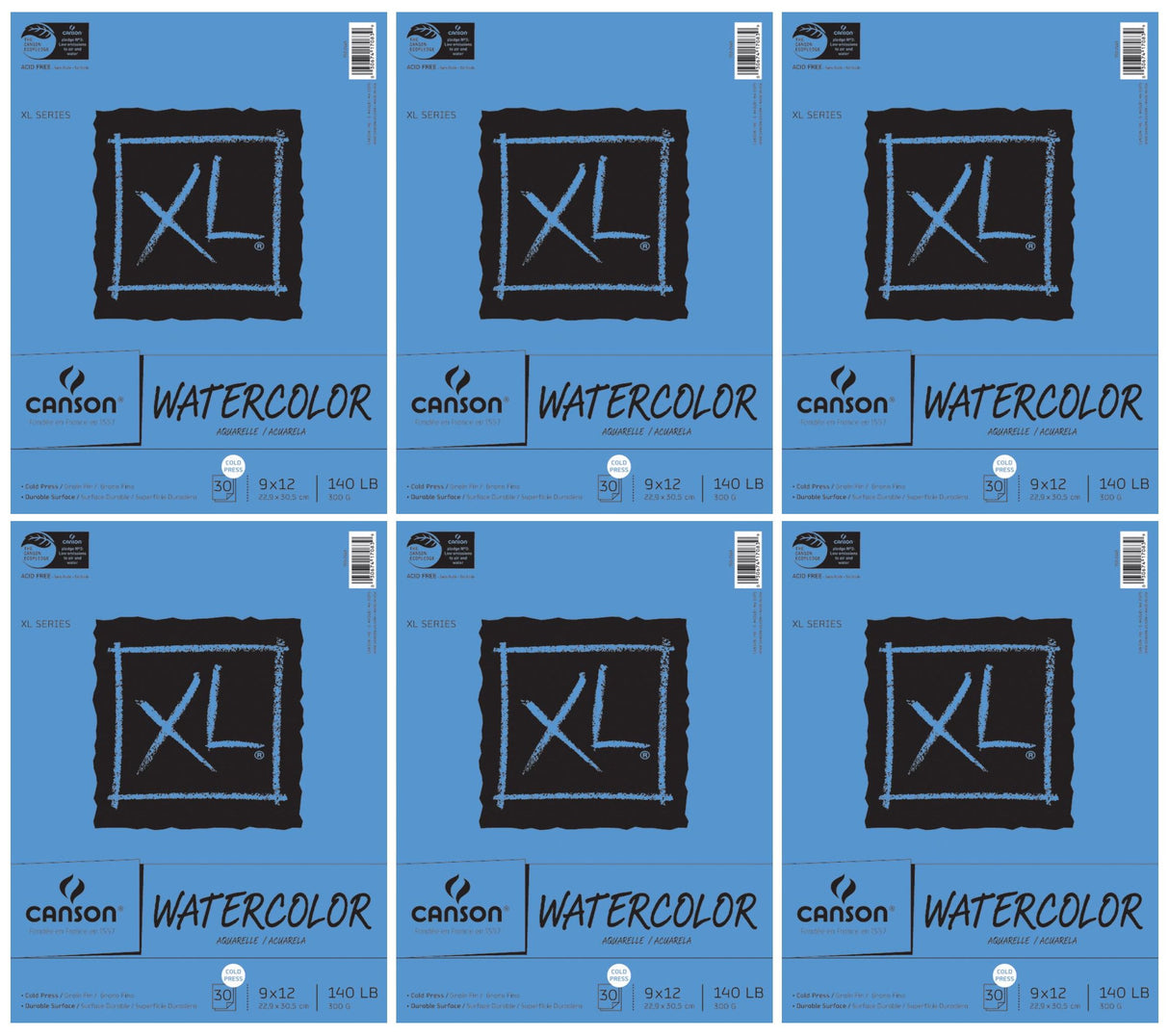 6-Pack Bundle - Canson XL Series Watercolor Textured Paper Pad for Paint, Pencil, Ink, Charcoal, Pastel, and Acrylic, Fold Over, 140 Pound, 9 x 12 Inch, 30 Sheets Canson