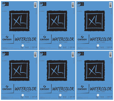 6-Pack Bundle - Canson XL Series Watercolor Textured Paper Pad for Paint, Pencil, Ink, Charcoal, Pastel, and Acrylic, Fold Over, 140 Pound, 9 x 12 Inch, 30 Sheets