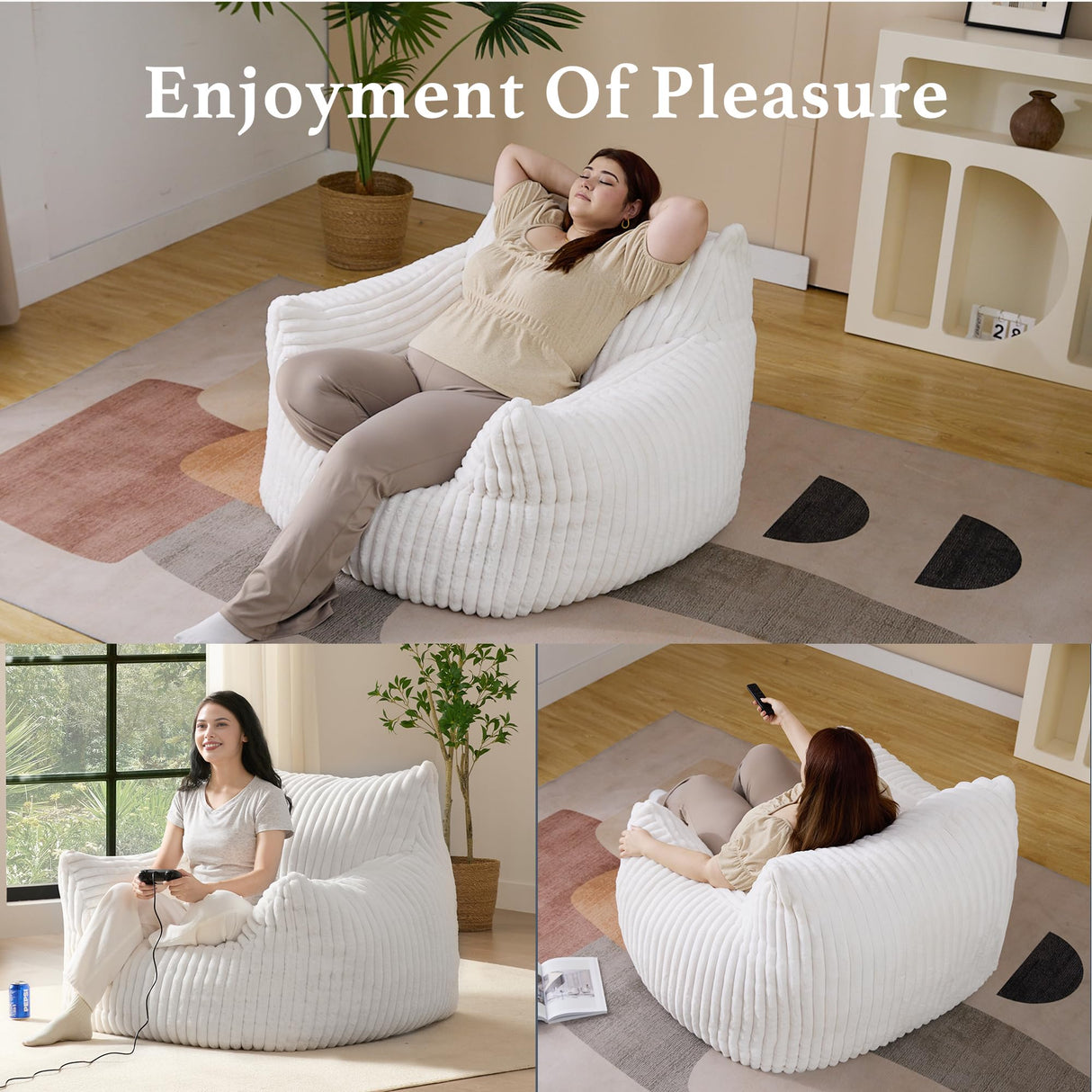 Giant Plush Bean Bag Chair for Adults with Armrests - Oversized Comfy Beige Beanbag Lounge Lazy Floor Sofa Accent Chair for Living Room, Bedroom & Dorm, Cozy Fluffy Single Cloud Mini Couch Gericco