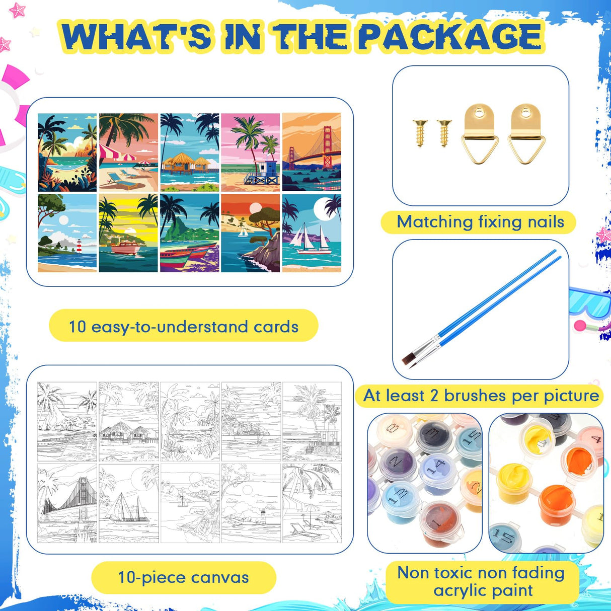 Gueevin 10 Pack Paint by Number DIY for Adults Paint by Numbers Acrylic Painting Kits Canvas, Without Frame, Simple Oil Painting for Spring Summer Gift Wall Decor 12 x 16 inch(Beach Style) Gueevin