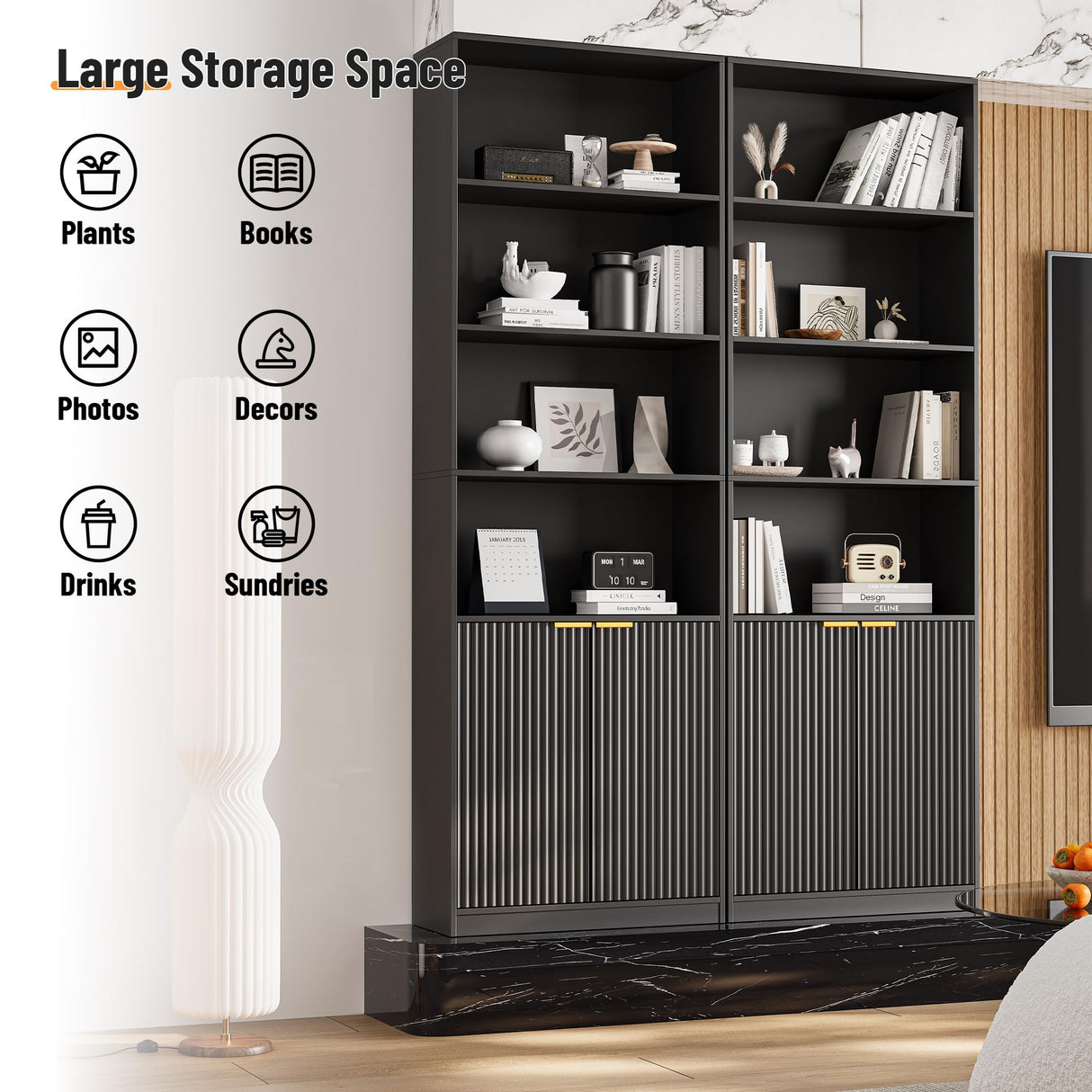 INNOD 72" Tall Book Shelve Bookcases with Doors, Floor Standing 6 Shelf Display Storage Shelves, Book Shelf with Storage Cabinet, Home Decor Furniture for Living Room Bedroom and Home Office INNOD