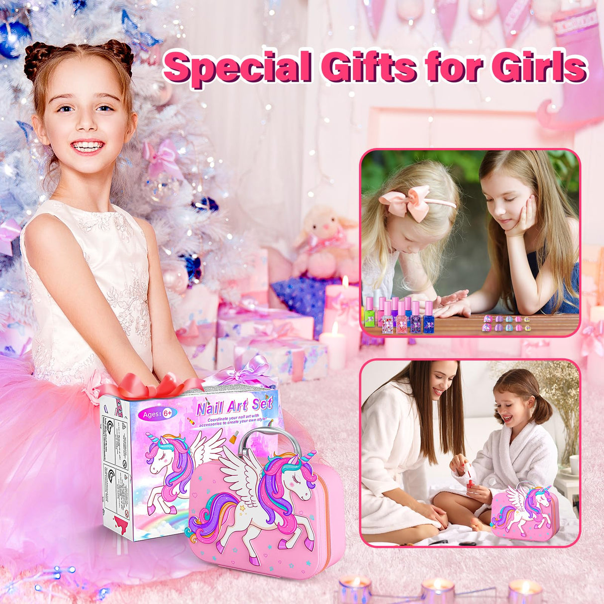 Glisiol Kids Nail Polish Set for Girls Toys, Washable Quick-Dry Toddler Nail Art Kit with Air Cooling Dryer and Cosmetic Case, Christmas or Birthday Gifts for Girls Ages 3 4 5 6 7 9 10 11 12-Pink Glisiol