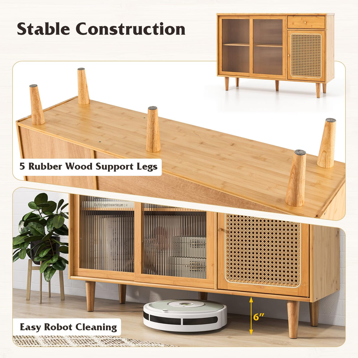 LOKO Buffet Cabinet, Modern Bamboo Sideboard with Tempered Glass Sliding Doors, Rattan Door Home Bar, Boho Coffee Bar Cabinet for Living Room Hallway LOKO