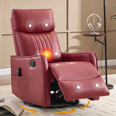 Manual Swivel Rocker Recliner Chair for Adults, Overstuffed Recliner Glider with Massage and Heat, Living Room Reclining Chair, PU Leather Red