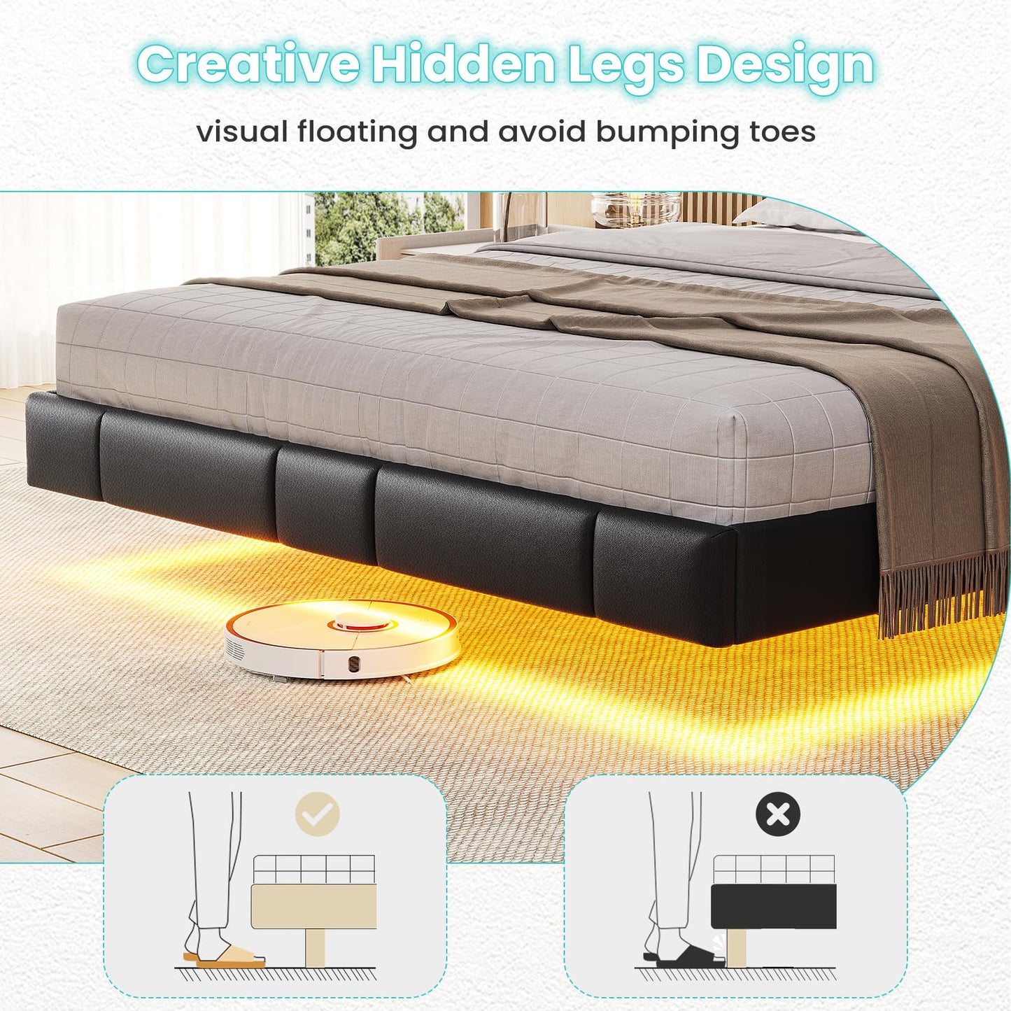 MSmask Floating Full Size Bed Frame with LED Lights, USB Ports, and No Box Spring Needed - Black - WoodArtSupply