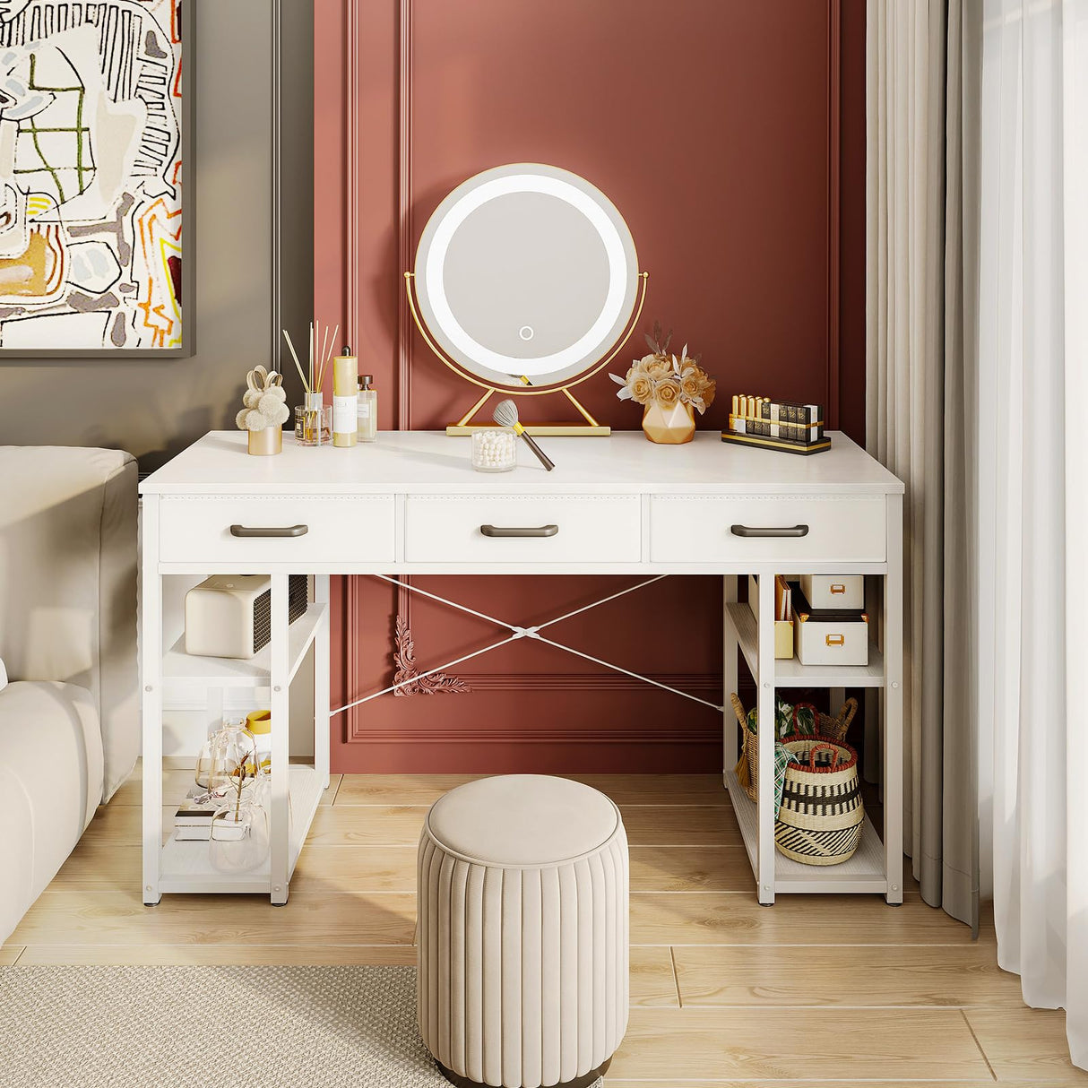 Modern White Office Desk with Fabric Drawers and Storage Shelves by ODK ODK