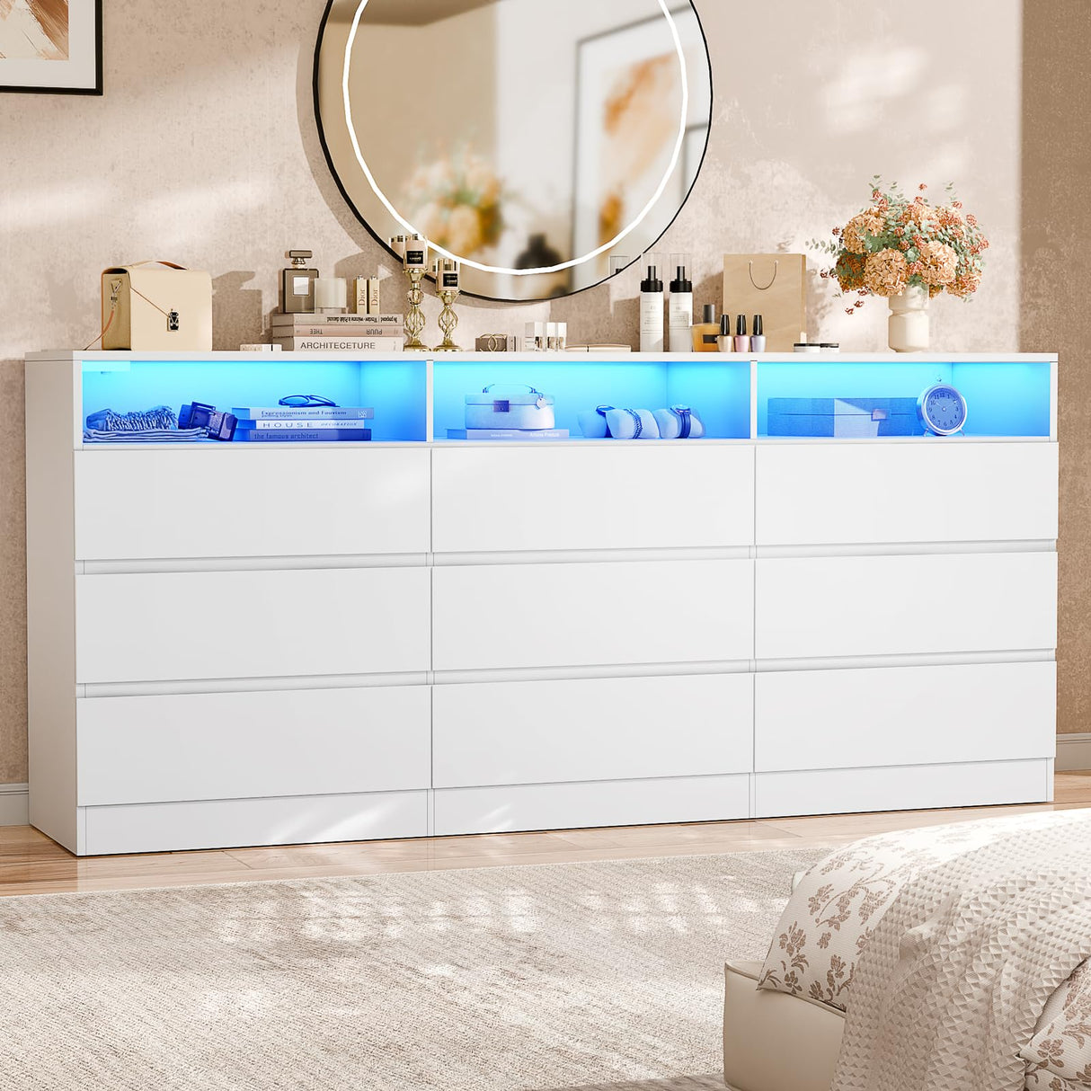 STIKELY 9 Drawer Dresser for Bedroom with Power Outlet and LED Light, White Dresser Chest of Drawers for Closet, Modern Dressers Organizer Cabinet for Living Room, Entryway, Hallway STIKELY