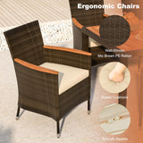 HAPPYGRILL 7 Pieces Rattan Wicker Patio Dining Set, Outdoor Dining Set with Cushions, Large Dining Table with Acacia Wood Top, Outside Dining Furniture Set with Umbrella Hole HAPPYGRILL