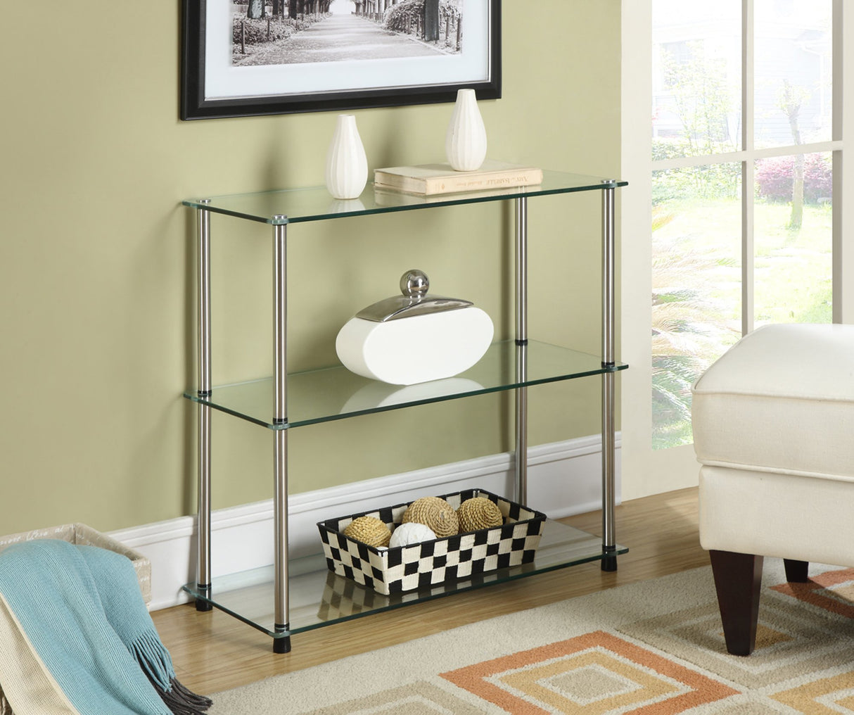 Convenience Concepts Designs2Go Classic Glass 3-Tier Bookshelf 28" - Modern Media Stainless Steel Bookcase for Living Room, Display Storage Shelves for Family Room, Bathroom, Office, Glass/Chrome Convenience Concepts