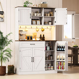 ONBRILL 71" Pantry Cabinet, Kitchen Pantry Storage Cabinet with LED Light & Outlet, Kitchen Hutch with Microwave Shelf & 6 Hook, Door Shelf & Drawer & Adjustable Shelf, Dining Room, Off White+Walnut ONBRILL