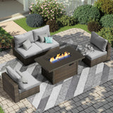 TANGJEAMER 5 Piece Patio Furniture Set with Fire Pit Table, Outdoor Sectional Sofa PE Rattan, Patio Conversation Sets with Cushions for Garden Lawn Balcony Porch Deck Grey TANGJEAMER