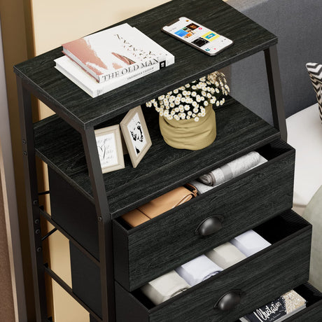 Furnulem Black Dresser with 5 Drawers, Vertical Storage Tower Fabric Dresser for Bedroom, Hallway, Entryway, Nursery, Closet Organizer, Nightstand Bedside Table Furniture, Sturdy Steel Frame, Wood Top Furnulem
