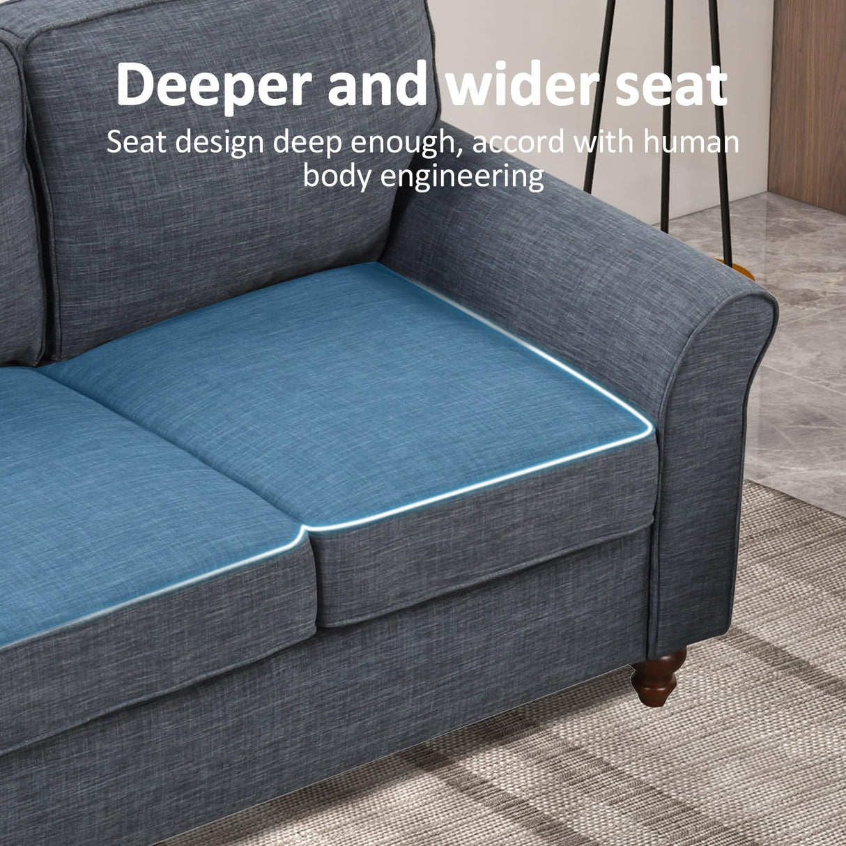 EBELLO Modern Linen Fabric Loveseat Sofa, Upholstered 2-seat Sofa Couch Wood Frame and Sturdy Legs for Living Room Bedroom Office, Dark Blue EBELLO