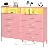 SOOWERY Dresser for Bedroom Led Bedroom Dresser with Charging Station, Tall Dresser with 8 Fabric Chest of Drawers, Dresser for Kids Room, TV Stand for up to 60" TV for Living Room, Pink SOOWERY