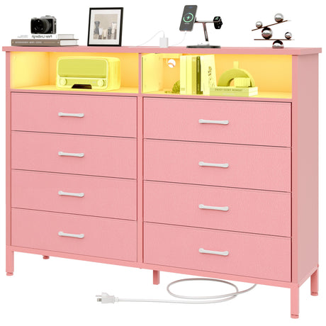 SOOWERY Dresser for Bedroom Led Bedroom Dresser with Charging Station, Tall Dresser with 8 Fabric Chest of Drawers, Dresser for Kids Room, TV Stand for up to 60" TV for Living Room, Pink SOOWERY