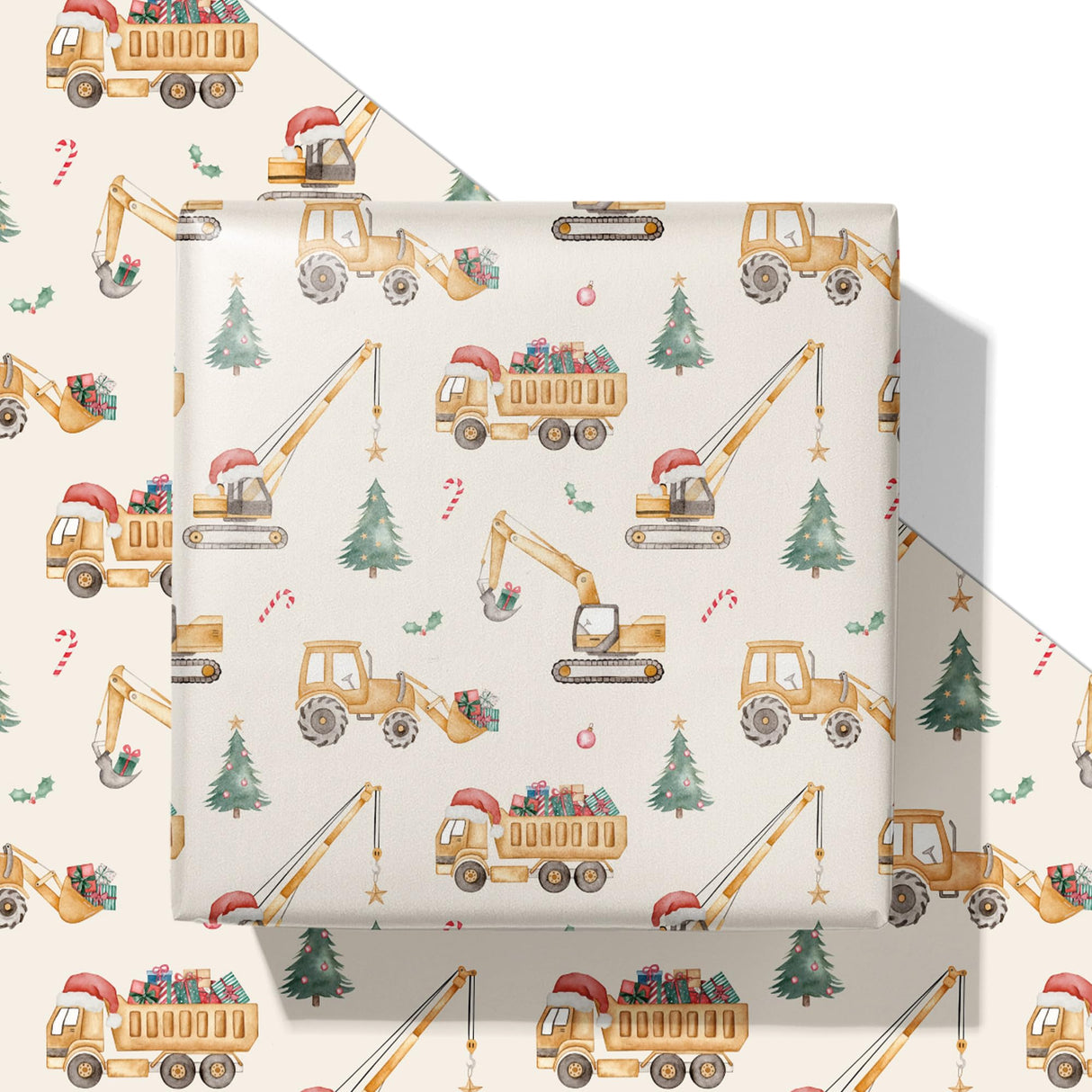 SaringSwoon Construction Christmas Wrapping Paper for Kids - Holiday Wrapping Paper with Dump Trucks, Cranes, Excavators with Santa Hats & Gifts, Christmas Tree - 40×28 Inches, 4 Folded Sheets SaringSwoon