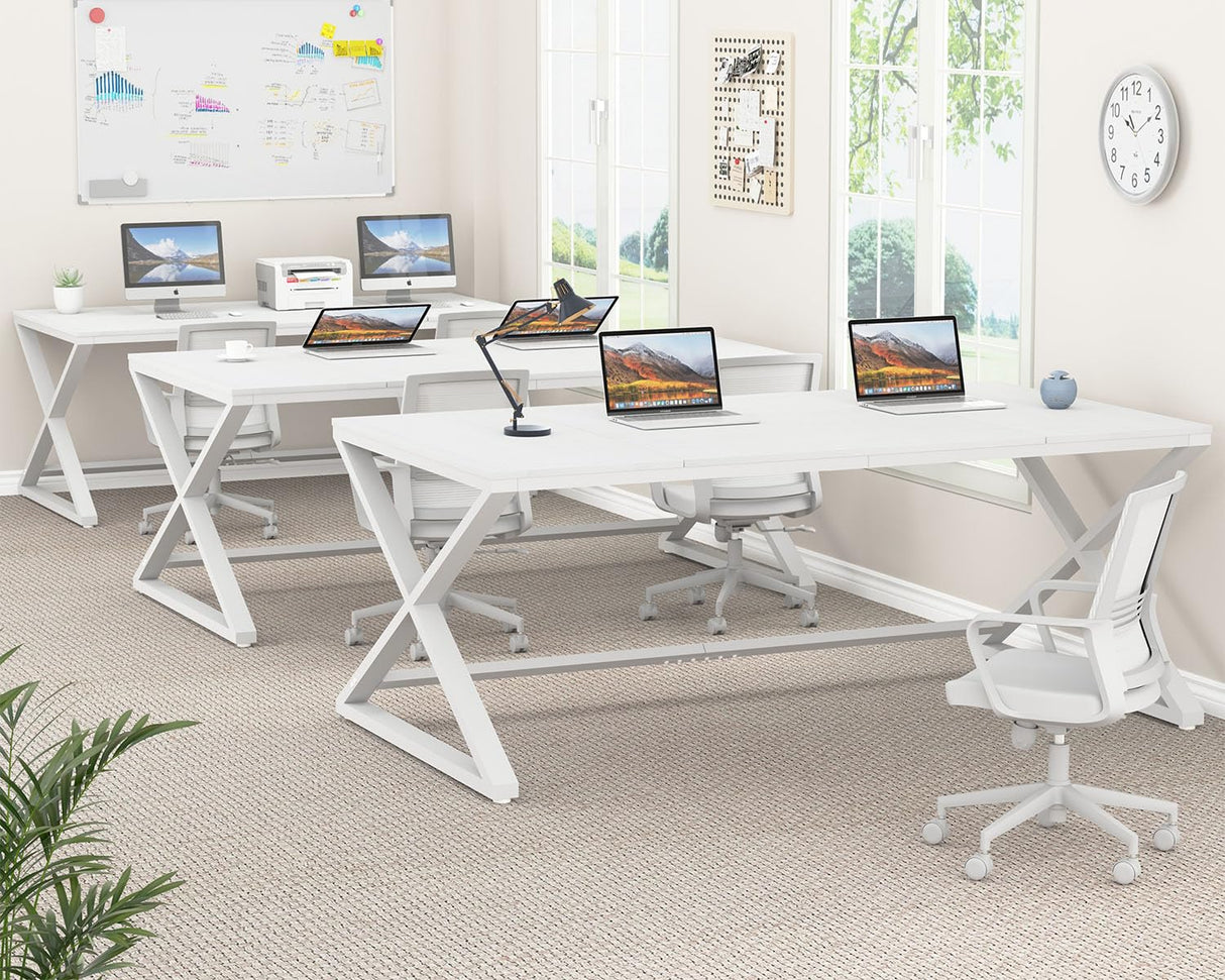 LVB 70.8" Long Desk, Modern Large White Computer Desk for Home Office Work, Wood Metal Computer Table for Writing Study in Bedroom, Simple Gaming Desk for 2 Monitor Workstation, White Oak, 70 in LVB