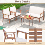 Tangkula 4 Piece Outdoor Conversation Set, Acacia Wood Sofa Set with Soft Seat & Back Cushions, Rectangle Coffee Table Patio Wood Furniture Set for Backyard, Poolside, Garden (1, Off White) Tangkula