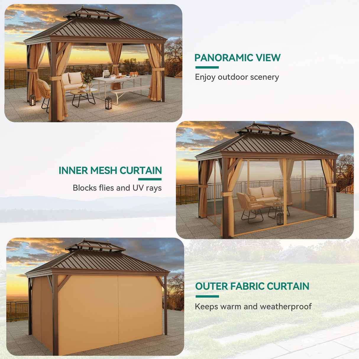 YITAHOME 12x16 ft Hardtop Gazebo with Nettings and Curtains, Outdoor Heavy Duty Aluminum Gazebo Combined of Horizontal and Vertical Stripes Roof for Patio, Backyard, Deck, Lawns and Balcony (Bronze) YITAHOME