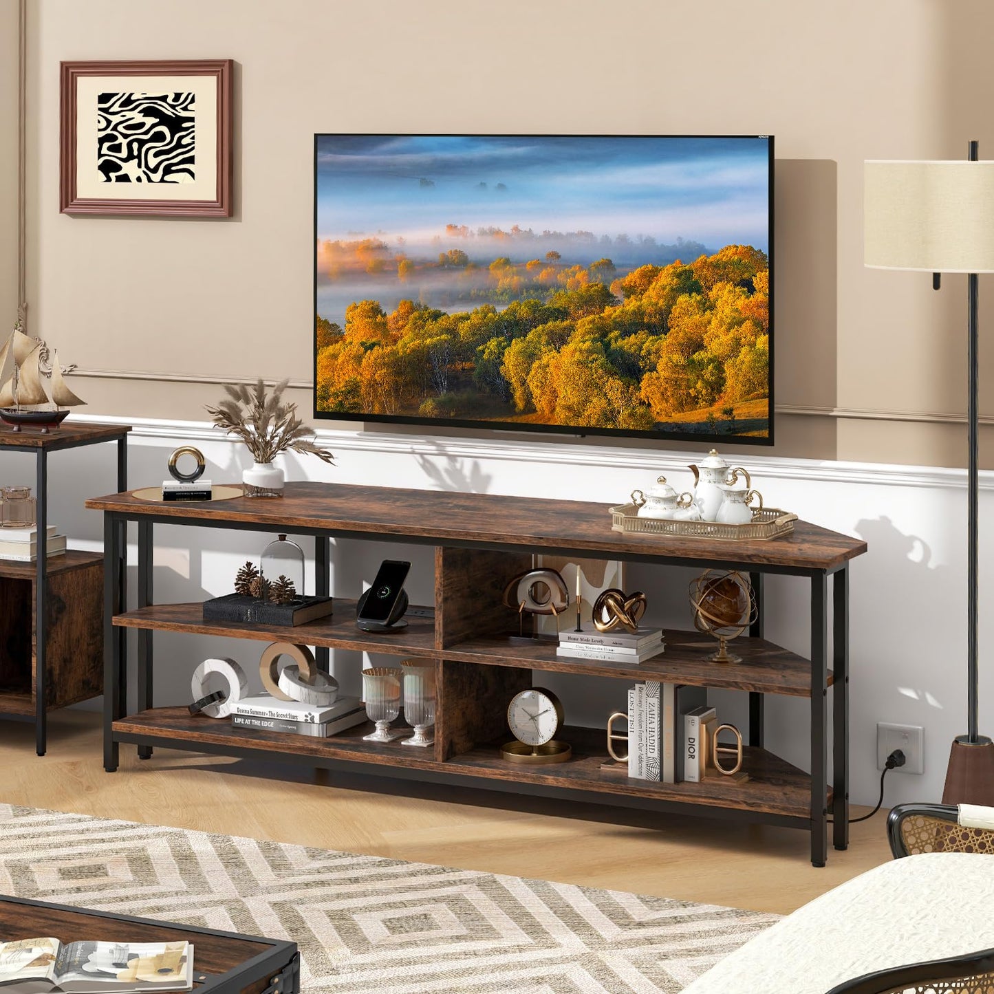 Tangkula Corner TV Stand for TVs up to 65”, TV Console Table w/AC Outlets, USB A Ports, USB C Port, Metal Frame & Storage Shelves, 55” Media Entertainment Center for Living Room (Rustic Brown - WoodArtSupply