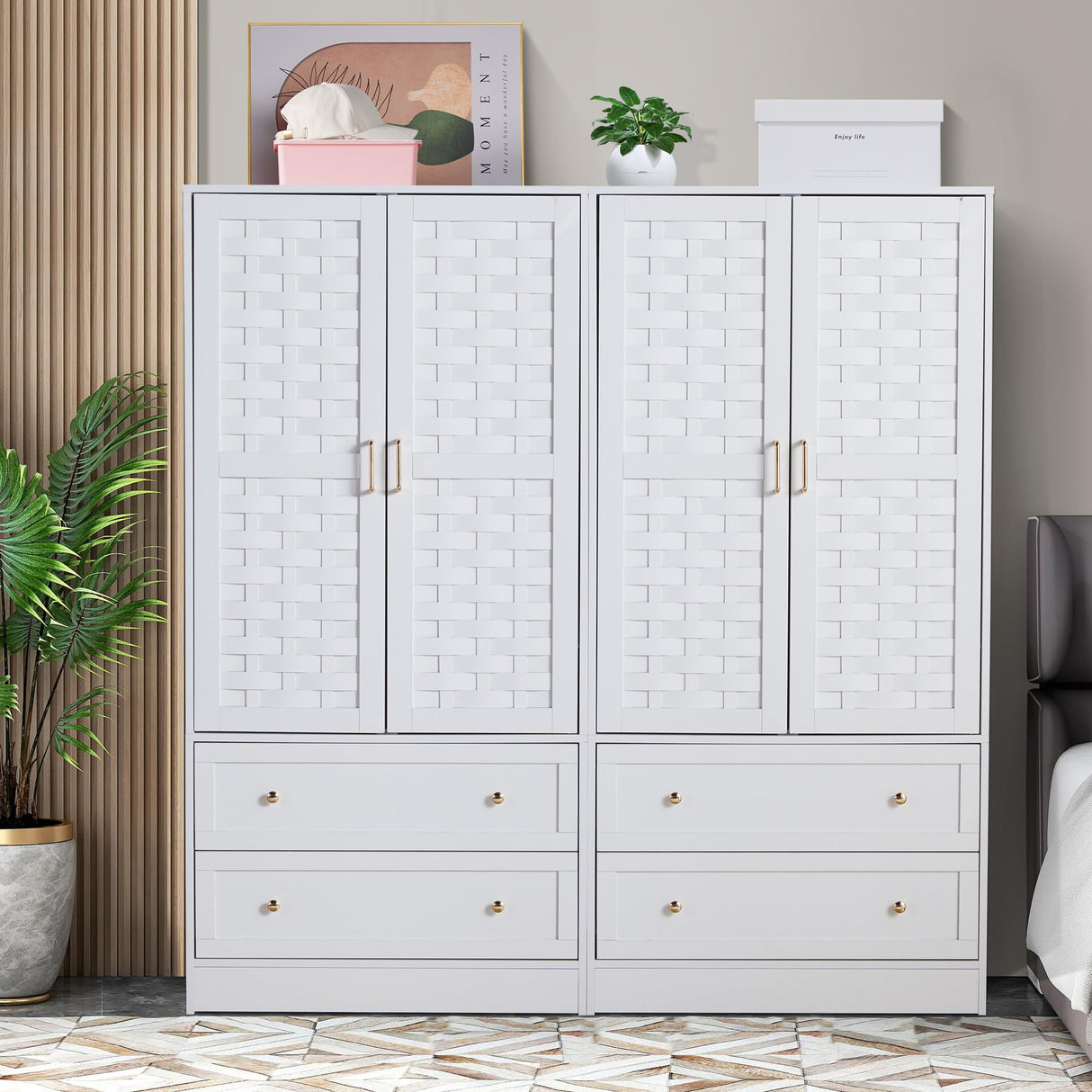 LEVNARY Armoire Wardrobe Closet with 2 Woven Doors, Wardrobe Cabinet with 2 Storage Drawers and Hanging Rail, Freestanding Wooden Closet for Bedroom (White) LEVNARY