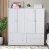 LEVNARY Armoire Wardrobe Closet with 2 Woven Doors, Wardrobe Cabinet with 2 Storage Drawers and Hanging Rail, Freestanding Wooden Closet for Bedroom (White) LEVNARY