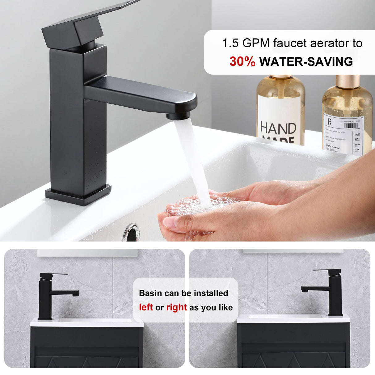 USBATHJOY 16" Bathroom Vanity Sink Combo for Small Space, Wall Mounted Bathroom Cabinet Set with White Resin Basin Sink Top Black Faucet Pop Up Drain Black USBATHJOY