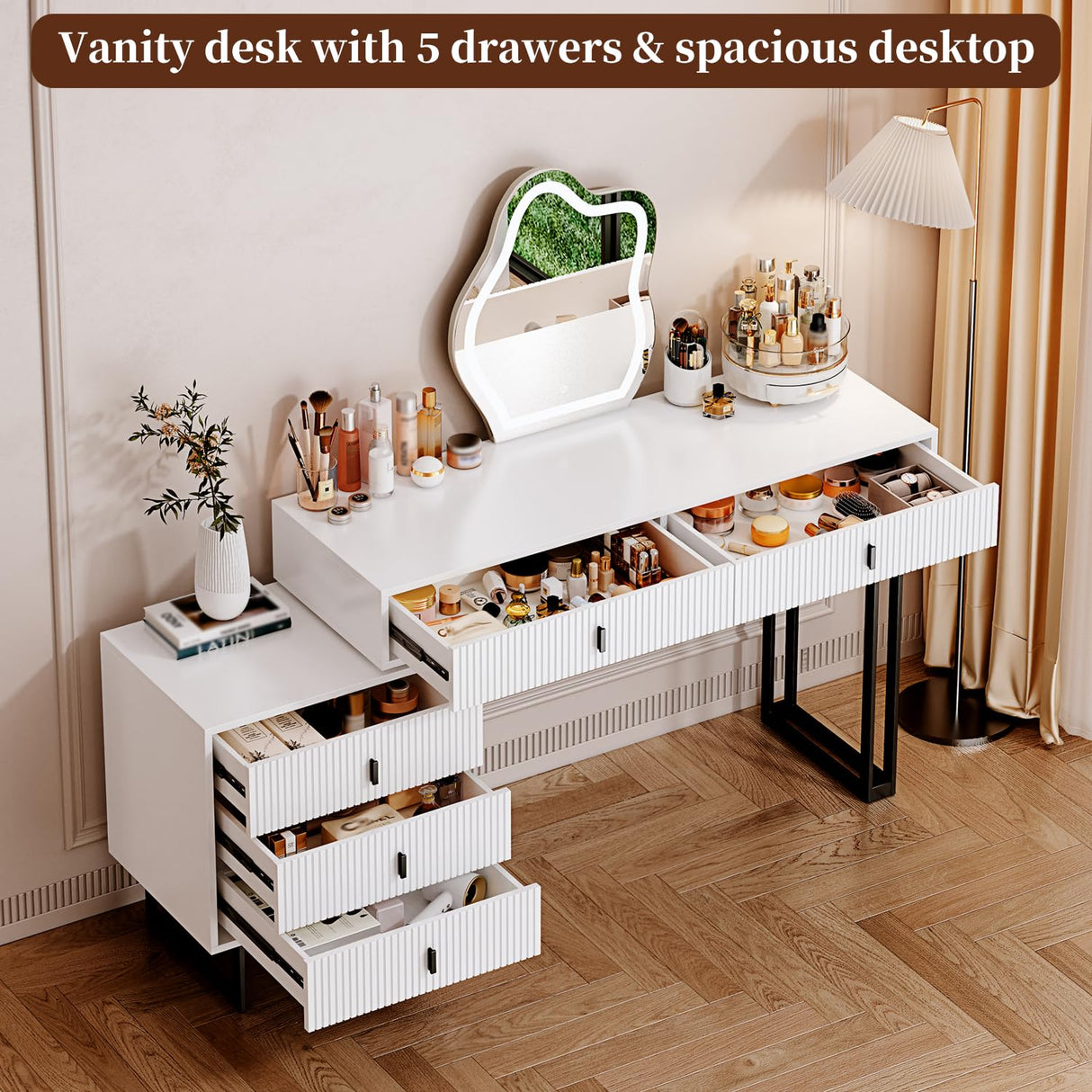 Ieejdn White with plug,Large Vanity Desk with 3 Color Touch Screen Dimming Mirror, Modern Retractable Makeup Dressing Table with Adjustable Cabinet and 5 Sliding Drawers,Vanity Table with Power Strip Ieejdn