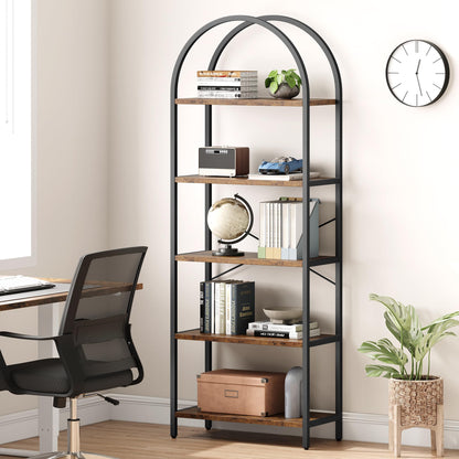 IDEALHOUSE Bookshelf 5 Tier Bookcase Arched Display Racks Tall Standing Bookshelves Metal Frame Rustic Storage Rack Shelf Brown Book Shelf for Bedroom, Living Room, Home Office, Rustic Brown - WoodArtSupply