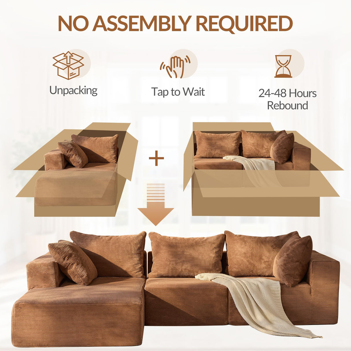 108” Modular Sectional Sofa, Boneless Cloud Couch with Oversized Chaise and Deep Seat, Comfortable High-Density Memory Foam Sectional Couches for Living Room, Bedroom, No Assembly Required (Brown) HUGROVE