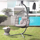 Patiorama Indoor Outdoor Egg Swing Chair with Stand, Patio Grey Wicker Rattan Hanging Chair with Rope Back, Cushion,Cover,All Weather Foldable Hammock Chair for Bedroom, Garden (Light Grey) Patiorama