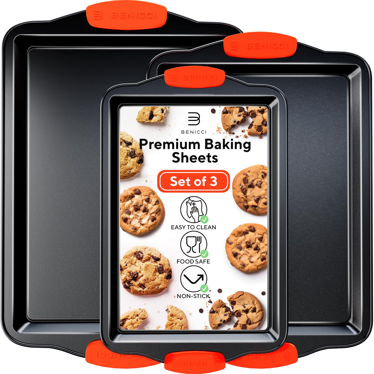 Premium Non-Stick Baking Sheets Set of 3 - Deluxe BPA Free, Easy to Clean Racks w/Silicone Handles - Bakeware Pans for Cooking Baking Roasting - Lets You Bake The Perfect Cookie or Pastry Every Time Benicci