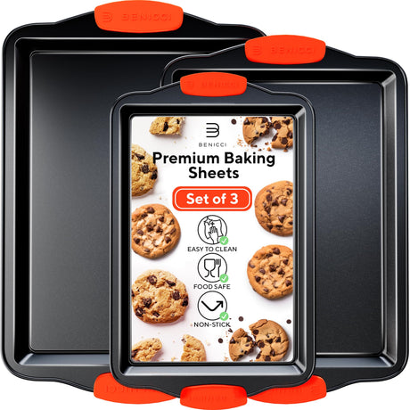 Premium Non-Stick Baking Sheets Set of 3 - Deluxe BPA Free, Easy to Clean Racks w/Silicone Handles - Bakeware Pans for Cooking Baking Roasting - Lets You Bake The Perfect Cookie or Pastry Every Time Benicci