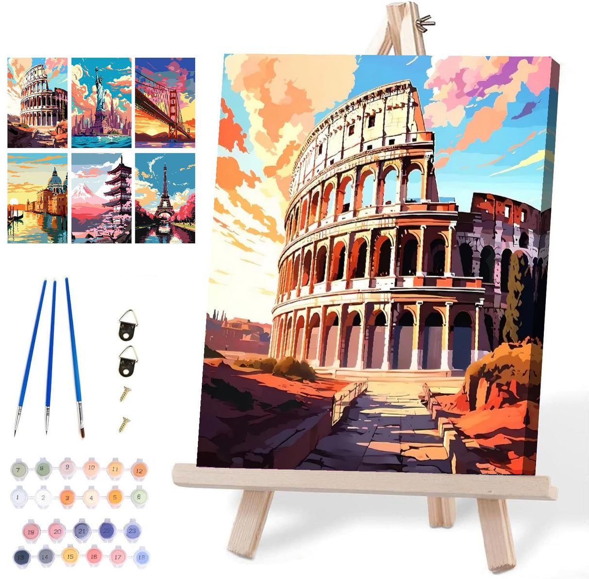 6 Pack Framed Paint by Numbers Kit for Adults Beginners with Wooden Easel,Scenery-Cityscape Easy Adults' Paint-by-Number Kits with Frame,DIY Number Painting Adults for Decor Present 8x12 inch Canrichshop