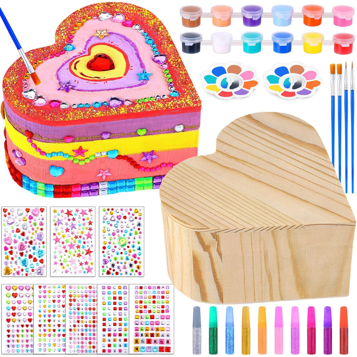 2 Pack Paint Your Own Wooden Jewelry Box DIY Crafts Kits Treasure Box Craft Kit Arts and Crafts for Kids Ages 3-12 Creative Activity Toys Birthday Gifts Valentines Mother's Day Party Favors (Heart) Czlotyh
