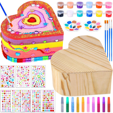 2 Pack Paint Your Own Wooden Jewelry Box DIY Crafts Kits Treasure Box Craft Kit Arts and Crafts for Kids Ages 3-12 Creative Activity Toys Birthday Gifts Valentines Mother's Day Party Favors (Heart) Czlotyh