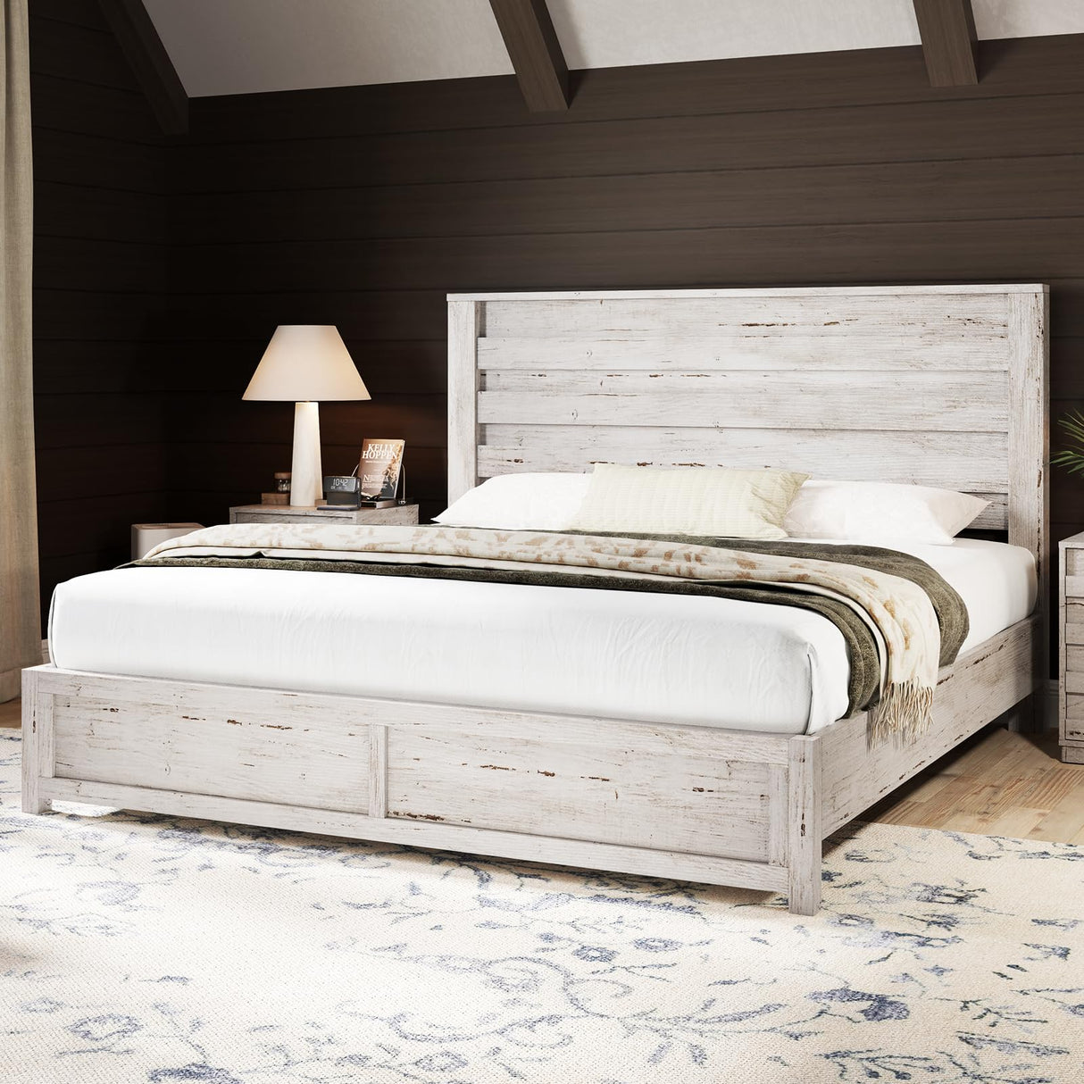 AMERLIFE Farmhouse King Size Bed Frame with 49" Fluted Headboard, Wood Platform Bed with Natural Wood Grain, No Box Spring Needed/Noise Free, Distressed White AMERLIFE
