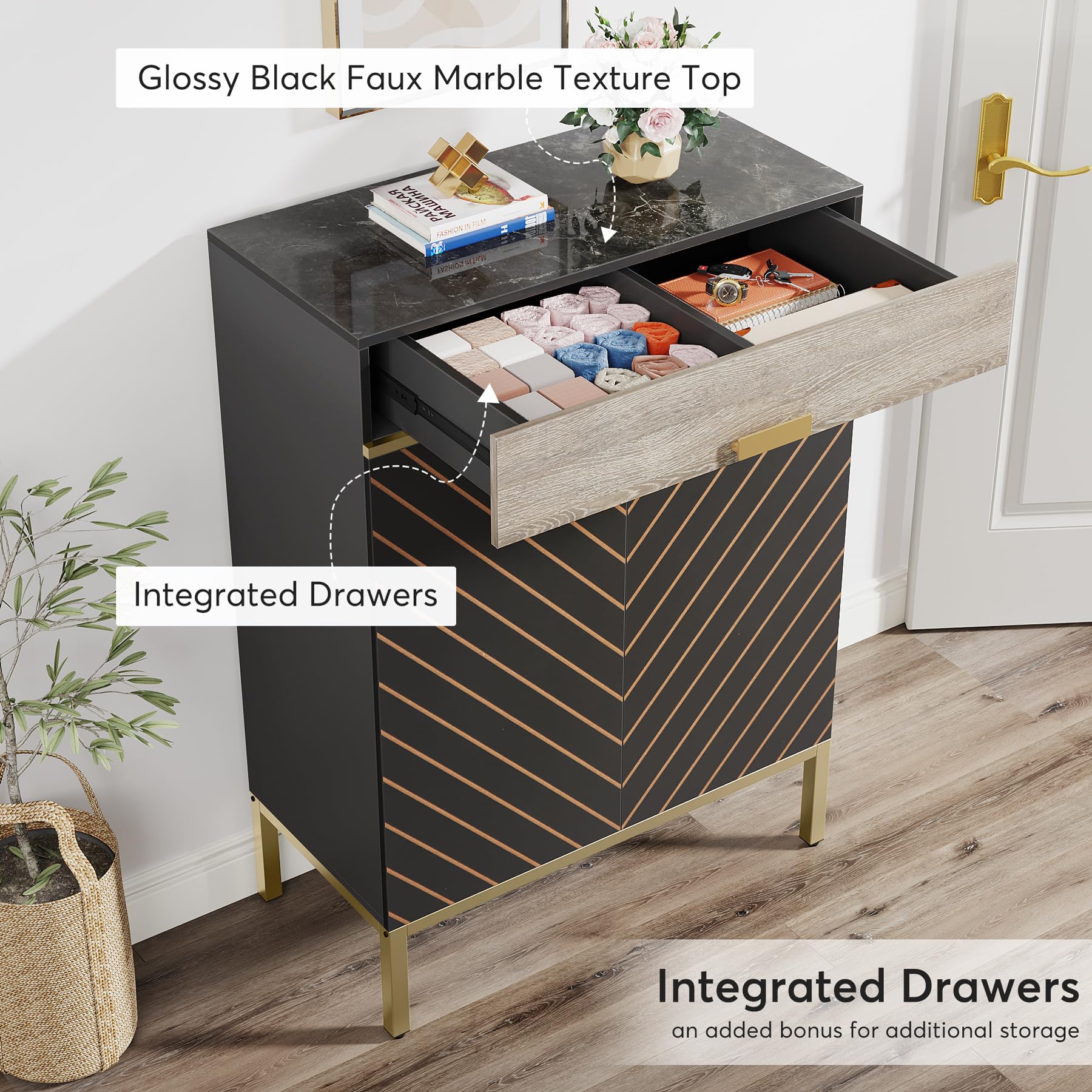 Tribesigns Shoe Cabinet with Drawers, 4-Tier Shoe Organizer with Removable Shelves, Modern Shoe Storage with Doors for Entryway, Hallway, Bedroom, Gray/Gold - WoodArtSupply