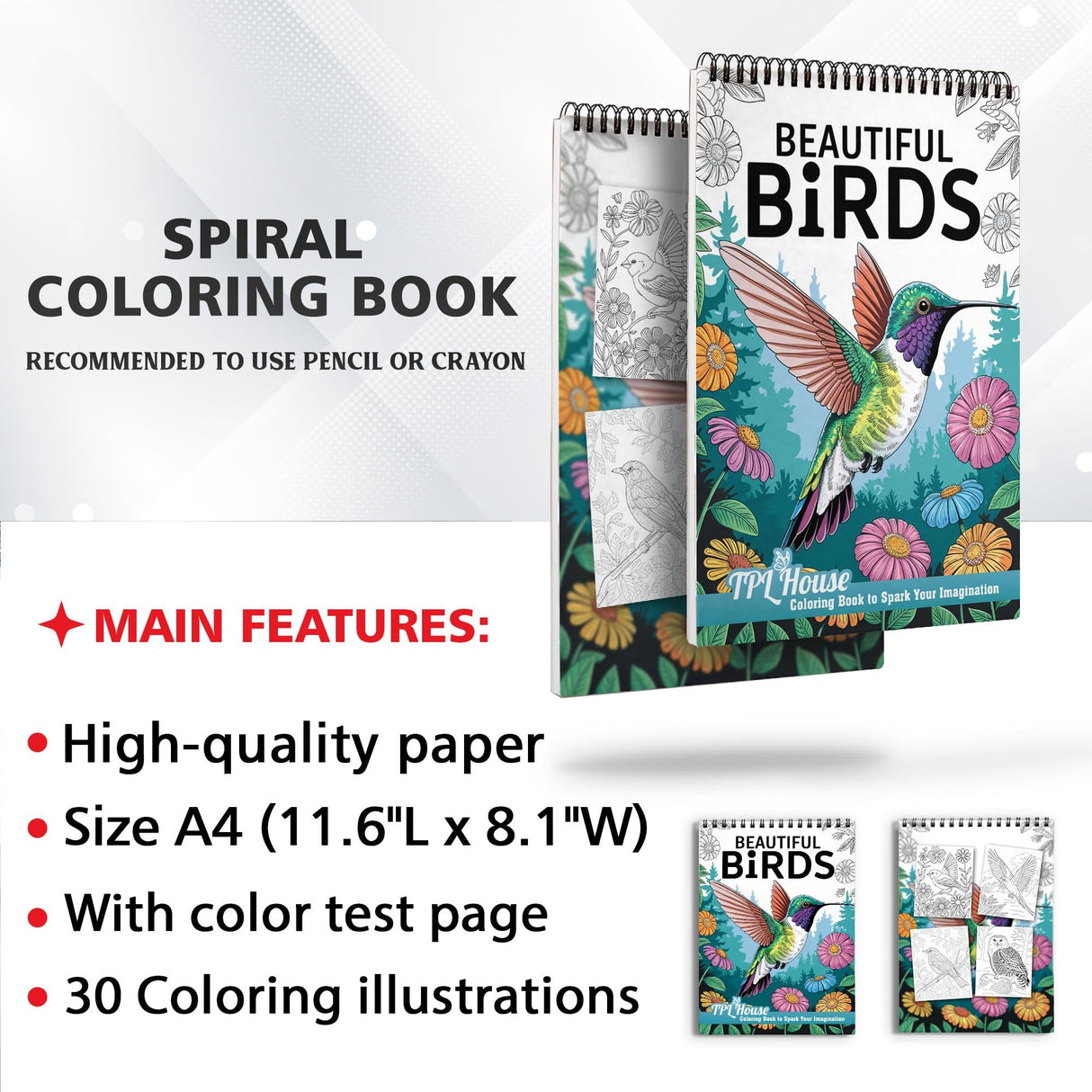 TPLHOUSE Beautiful Birds Coloring Book Spiral Bound for Adults, Premium Cover, 30 Serene Coloring Pages of Tropical Birds for Stress Relief and Relaxation TPLHOUSE