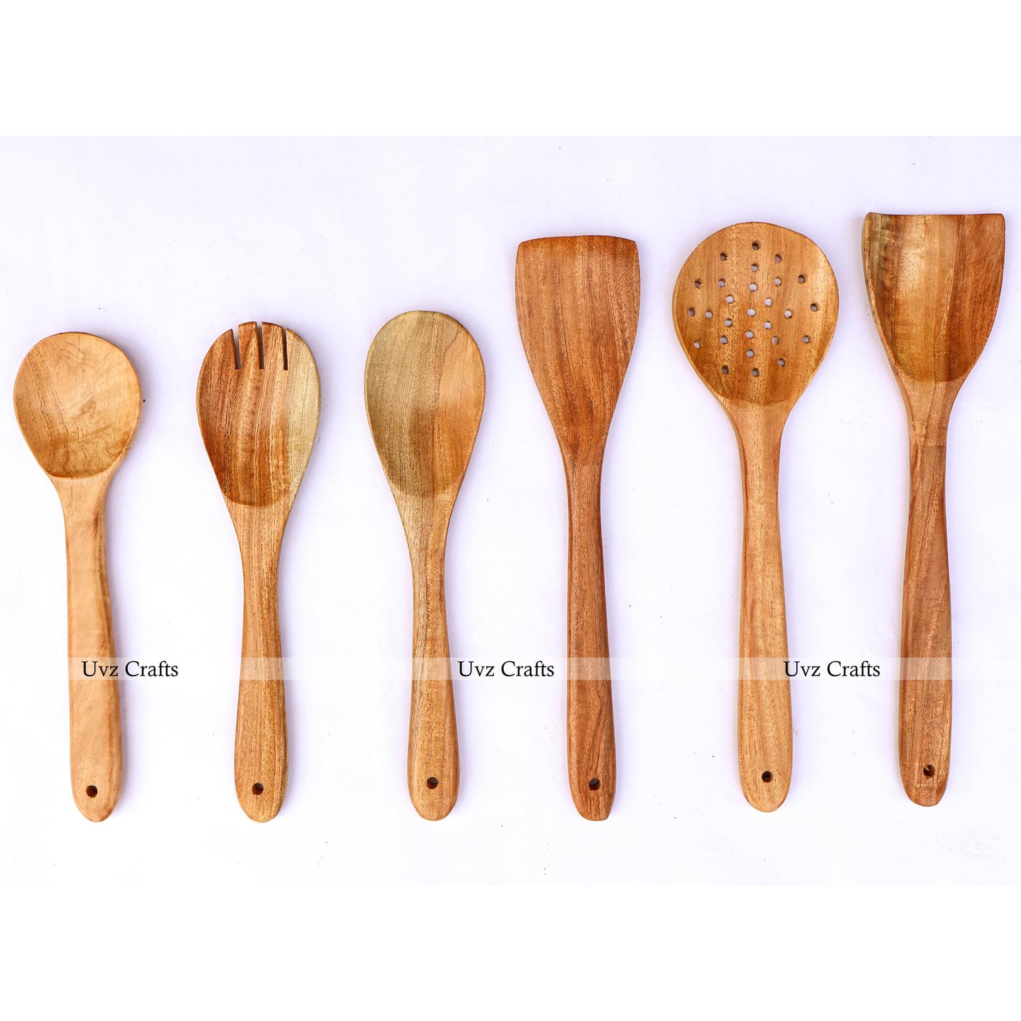 Uvz Crafts 6-Piece Wooden Spoons for Cooking - Smooth Finish Neem Wooden Utensils for Cooking - Soft Comfort-Grip Wood Spoons for Cooking - Non-Stick Wooden Cooking Utensils - Wooden Spoon Sets