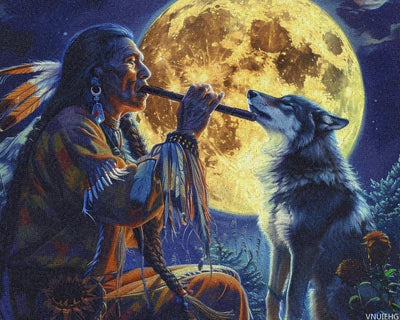 VNUIEHG Tribal Wolf Song Native American Paint by Numbers for Adults Beginner DIY Painting by Numbers Kits Wall Art for Home Office Decor 16x20in