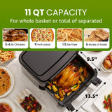 Elite Gourmet EAF1055D Dual Zone Air Fryer Oven, 11QT. Capacity with Divider 2 Independent Cook Zones, Dishwasher Safe Basket, 10 Preset Functions, 1600-Watts, with Recipe Booklet, Black Elite Gourmet