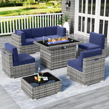 LayinSun 8 Piece Patio Furniture Set with 44" Propane Gas Fire Pit Table, Outdoor Sectional Conversation Set Wicker Rattan Sofa Set with Coffee Table LayinSun