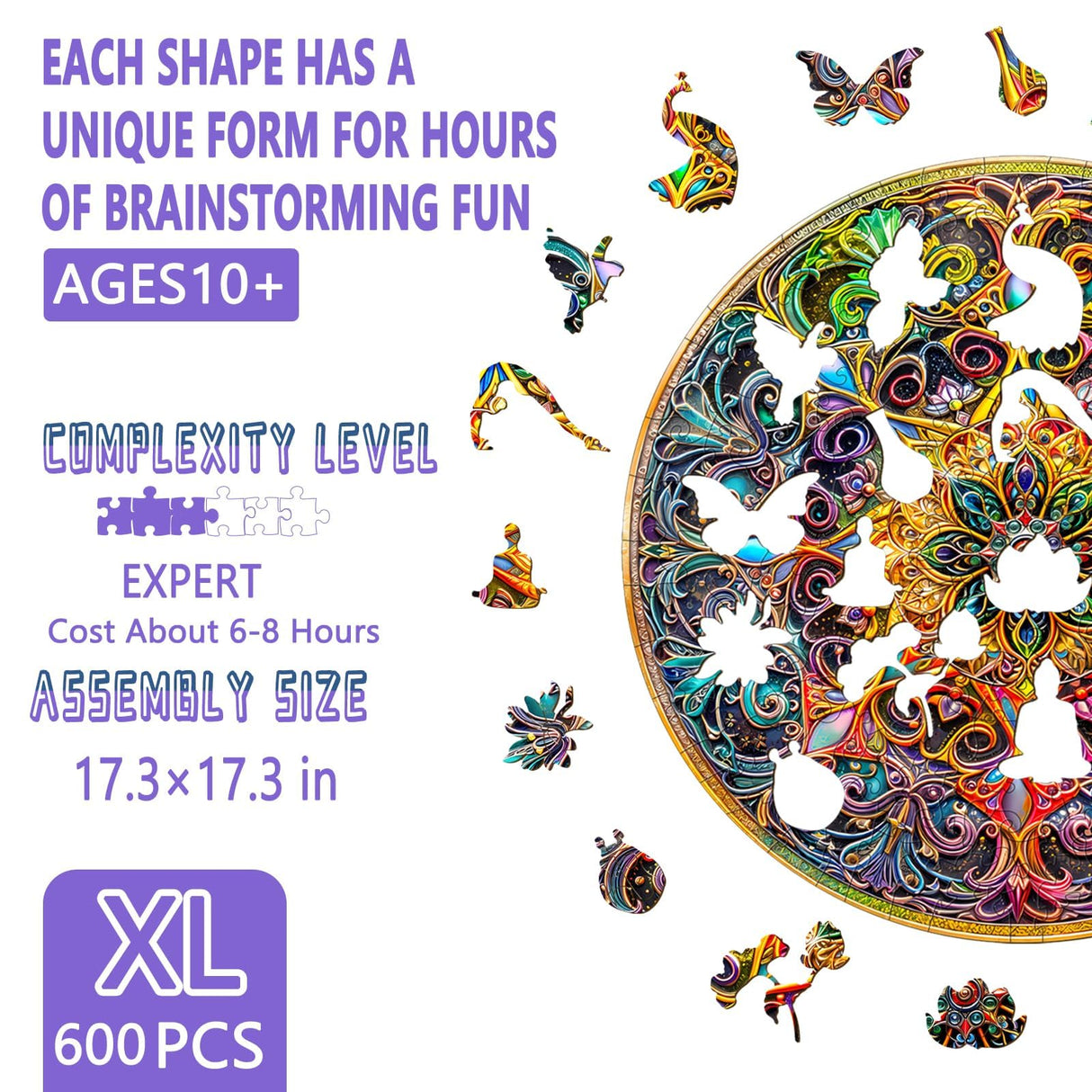 Wooden Puzzles for Adults - Mandala Wooden Puzzle, Unique Dreamland Wooden Jigsaw Puzzles for Adults, Wood Puzzles Adult, Perfect for Birthday Gift, Family Puzzles, Royal Size 600 Piece 17.3 x 17.3in Pijesaksa