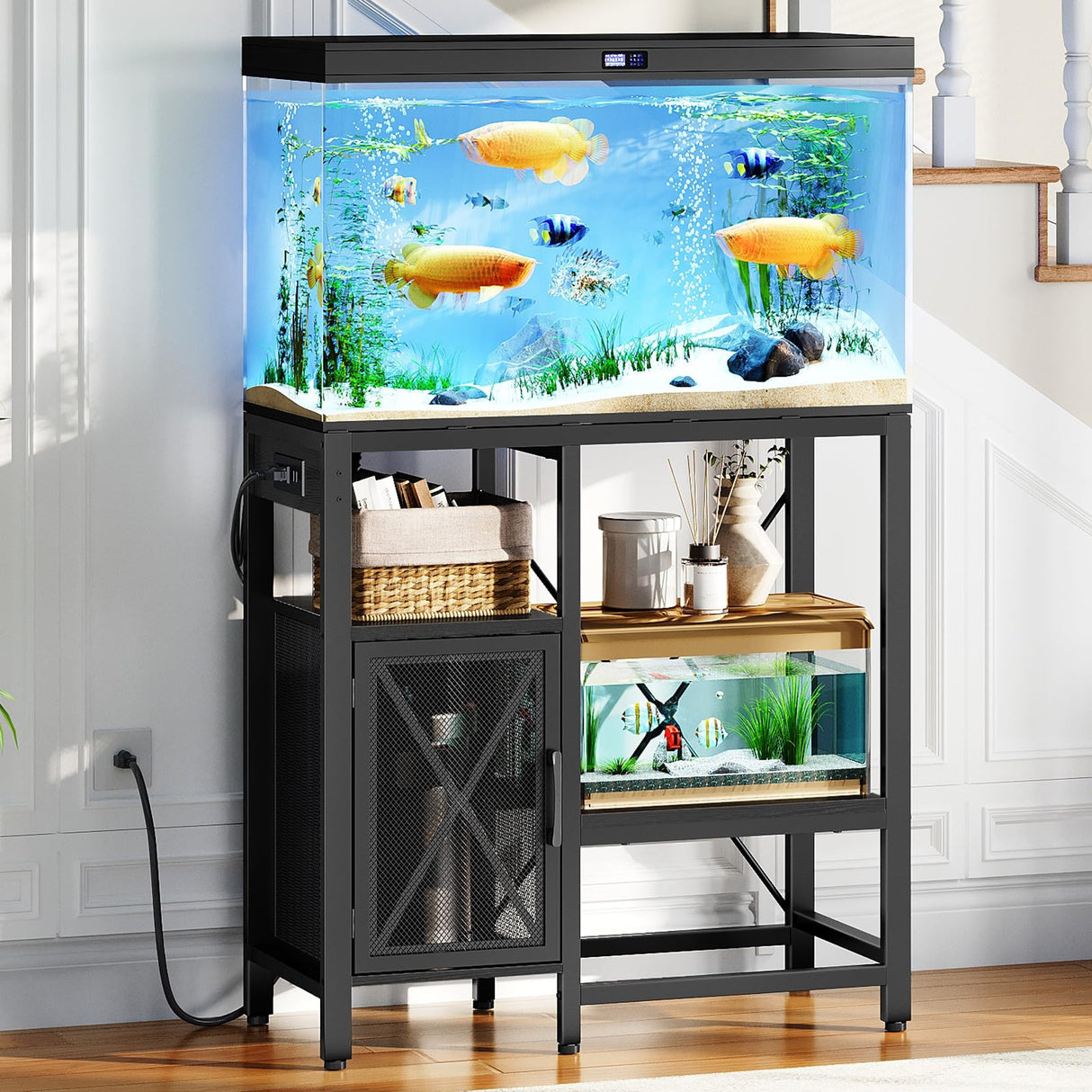 MAHANCRIS 20-40 Gallon Fish Tank Stand, Aquarium Stand with Power Outlet and Storage Cabinet, Heavy Duty Tank Stand Suitable for Turtle Tank, Reptile Terrarium, for Home Office, Black FTHB40E01 MAHANCRIS